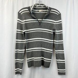 Pink Republic Womens 1/4 Zip Striped Pullover Sweater Gray/White Size XL